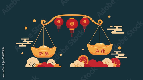 Chinese New Year celebration with traditional gold ingots on a balance scale, symbolizing prosperity and good fortune, adorned with lanterns and festive decorations.