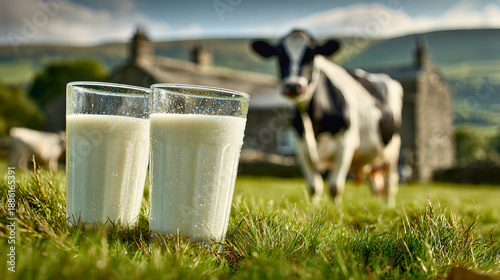 two glasses fresh milk green meadow background dairy cow stone house idyllic rural english countryside scene