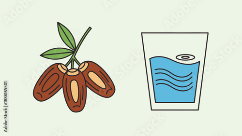 A cluster of ripe dates on a stem next to a glass of water, illustrating a simple and healthy refreshment option.