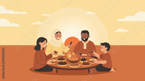 A Muslim family enjoys a traditional meal together at sunset, sharing food and smiles.