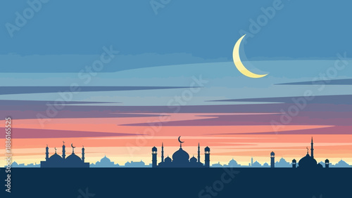 A serene Islamic cityscape at dusk, featuring silhouettes of mosques under a crescent moon and a colorful twilight sky.
