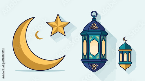 Islamic symbols including a crescent moon, star, and decorative lanterns, representing Ramadan and Eid celebrations.