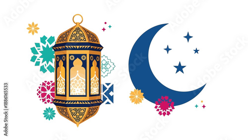 Decorative Islamic lantern and crescent moon with stars, symbolizing Ramadan and Eid celebrations.