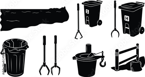 Black and white trash can icons and garbage collection tools