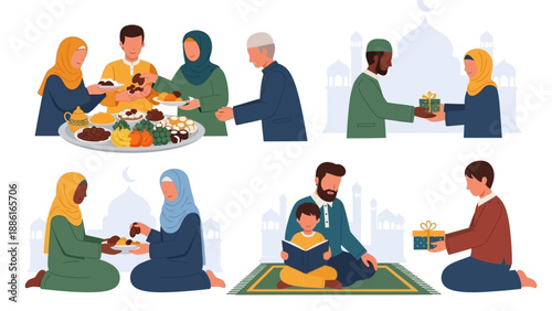 Diverse Muslim families and individuals celebrating together, sharing food, exchanging gifts, and reading, embodying community and tradition.