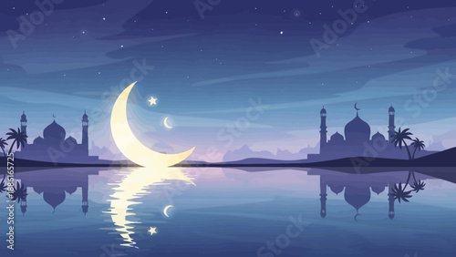 A serene crescent moon shines brightly over a tranquil body of water, reflecting its glow alongside silhouetted mosques and palm trees under a starry night sky.