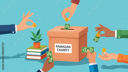 Hands of diverse people contributing money to a Ramadan charity donation box, symbolizing generosity and community support during the holy month.