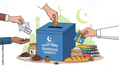 Illustration of hands donating money, gifts, and envelopes into a Ramadan Charity donation box, surrounded by food items and Islamic symbols.