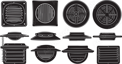 Various black vent and grill designs on white background