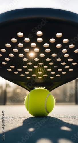 A close-up shot of a yellow tennis ball with sunlight shining through the holes of a paddle