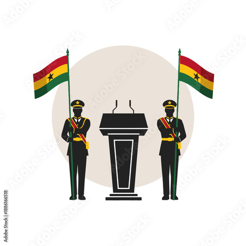 Ghana flag bearers at podium with presidents podium on display