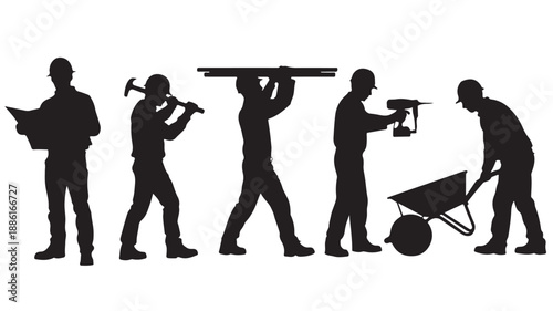 Construction Workers Evolution Silhouettes in Professional Industrial Black and White Vector Graphic for Labor Day and Career Development.