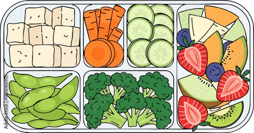 Assorted Fruits and Vegetables in Tray.