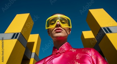 In a bizarre outdoor scene, a woman wearing pink embroidered clothing and huge green glasses poses amid geometric yellow shapes, exhibiting futuristic and whimsical design.