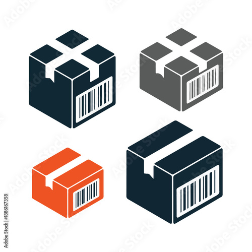 Four isometric shipping boxes with barcodes in dark blue gray and orange package delivery