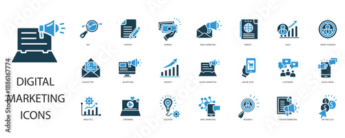 digital marketing icons set outline and Flat Style,transparent background