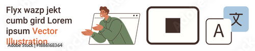 Localization, language tools, translation services, digital communication, online learning, multilingual accessibility. Character gesturing near browser window and text icons. Localization