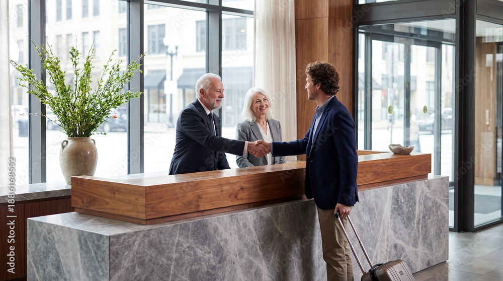 custom made wallpaper toronto digitalBusiness traveler greeting hotel staff with handshake at modern reception desk in luxury lobby during daylight arrival