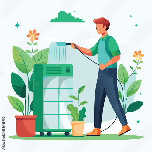 Technician spraying eco-friendly cleaning foam onto a surface, promoting green practices and hygiene in professional cleaning services.