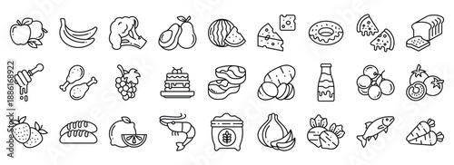 Healthy food icon collection. Containing design Apple, Salad Bowl, Fish, Broccoli, Avocado, Watermelon	