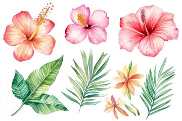 Botanical set of watercolor illustrations of tropical flowers and plants isolated on a white background