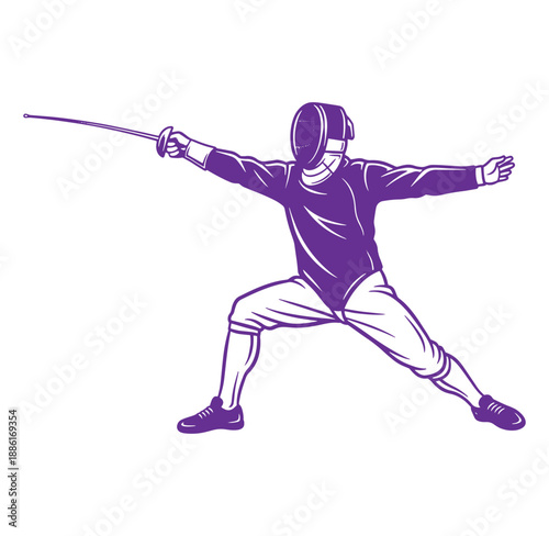 Fencer in action with sword and protective gear in fighting stance isolated on transparent background