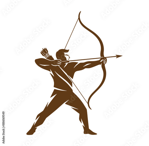 Man aiming bow and arrow in athletic stance with focused expression  shooting sports