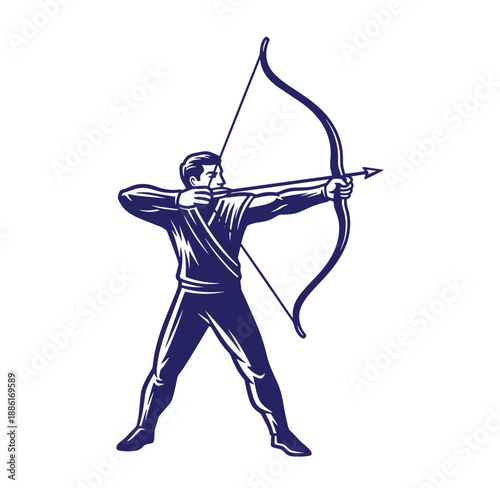 Man aiming a bow and arrow in a shooting stance with focused posture and determined expression