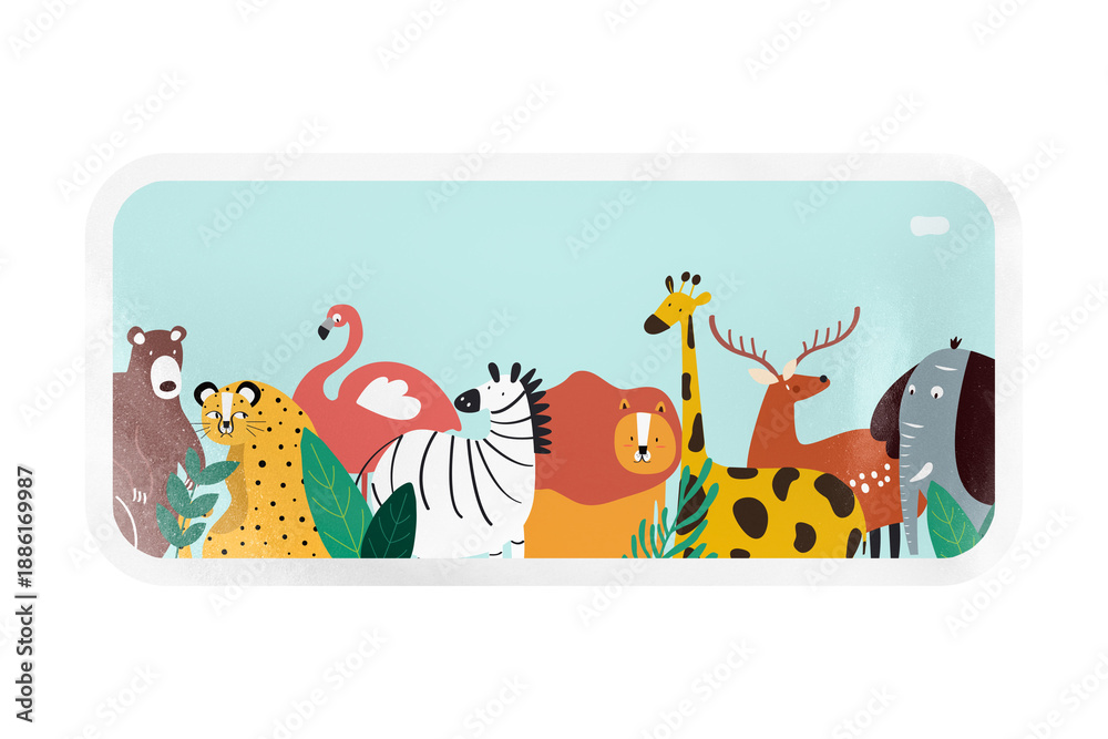 Fototapeta premium Animal kingdom png, cartoon illustration sticker, rectangle with white border in transparent background