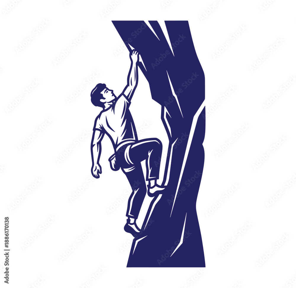 Fototapeta premium man climbing steep rock formation in blue monochromatic illustration style