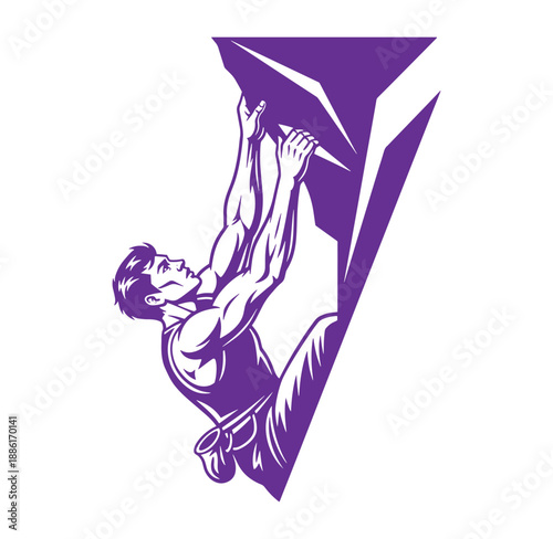 man climbing rock wall with hands and legs in purple silhouette