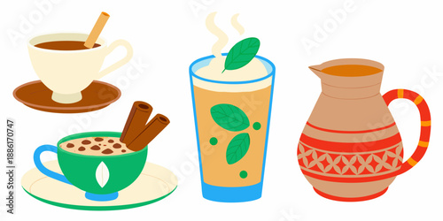 A colorful illustration of hot drinks and a pitcher of beverage