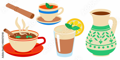 Illustrative depiction of various hot beverages and tea accompaniments