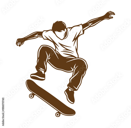 man in white shirt and jeans performing skateboarding trick on skateboard isolated on transparent background