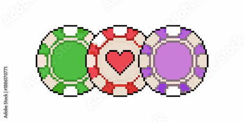 Pixel art depiction of three casino chips in green red and purple