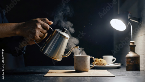 A middle-aged Black man uses a kettle to pour hot water into a mug in a quiet kitchen. Steam rises from the mug as a small lamp lights up the counter