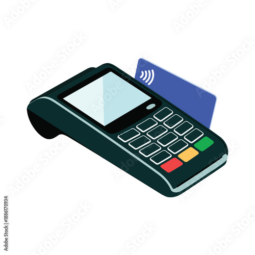 Dark green payment terminal with blue card and contactless symbol credit debit