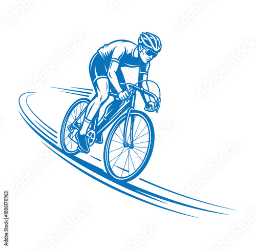 Professional cyclist riding bicycle on road track in motion blue illustration