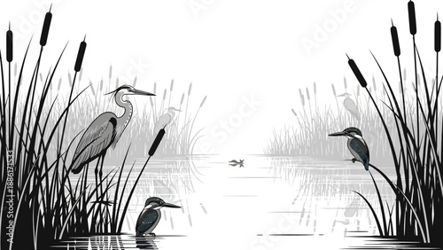 Heron Birds Standing in Water Reeds.