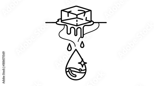 Ice cube melting into water drop.