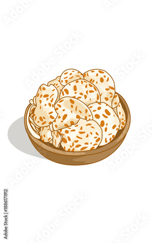 Illustration of A Wood bowl of tempe crackers Indonesian traditional Snack. Tempe crackers issolated on white 