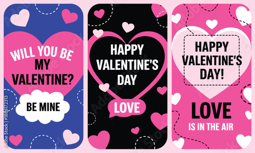 Trendy vertical Valentine's Day story templates featuring hearts, pink and black colors, and romantic love messages for social media.
