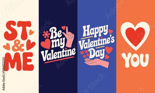 Groovy Valentine's Day vertical banners set with retro 70s typography, hearts, and hands expressing romantic love and affection for holiday celebration.