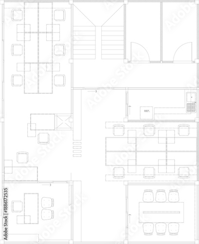 2D Interior Design Drawing with Office Furniture Layout for Small Office, Manager Room, Meeting Room and Pantry Area