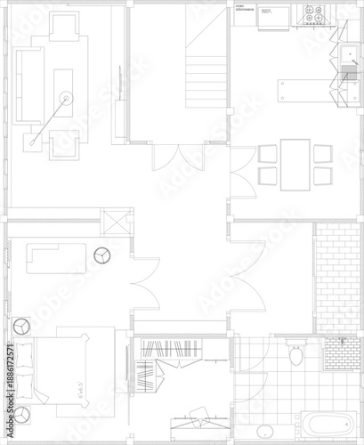 Interior Design with Furniture Layout for Relaxation Area, Small Kitchen, Bedroom Suite and Living Area within Residential Building