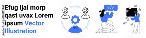Team collaboration, workflow optimization, technology, coding, financial analysis, automation. A gear with interconnected arrows, a person coding and economic transactions. Collaboration