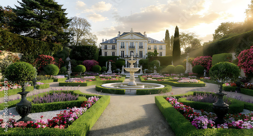 Elegant Mansion with Formal Gardens and Fountains at Sunset.