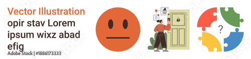 Emotional analysis, security access, problem solving, privacy protection, cognitive processes, and decision making. Neutral face, login on a door colorful puzzle pieces. Emotional analysis