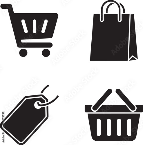 E commerce silhouette icons including shopping cart bag basket and tag