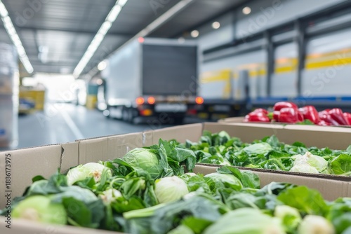 Close-up of boxes filled with fresh vegetables in airport logistics area during produce transport for air travel